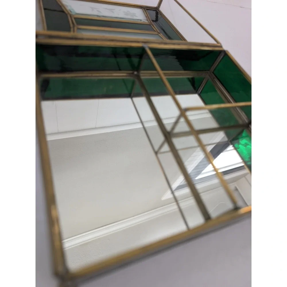 Jewelry Box Etched Floral Stained Glass Green Clear Vintage Glass Trinket FLAW - Picture 7 of 16